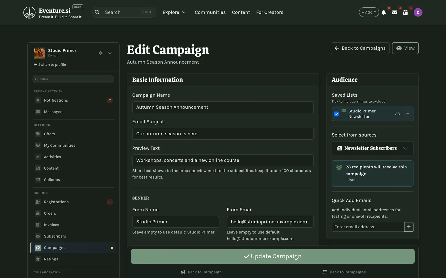 The campaign editor with a list attached and a test send ready.