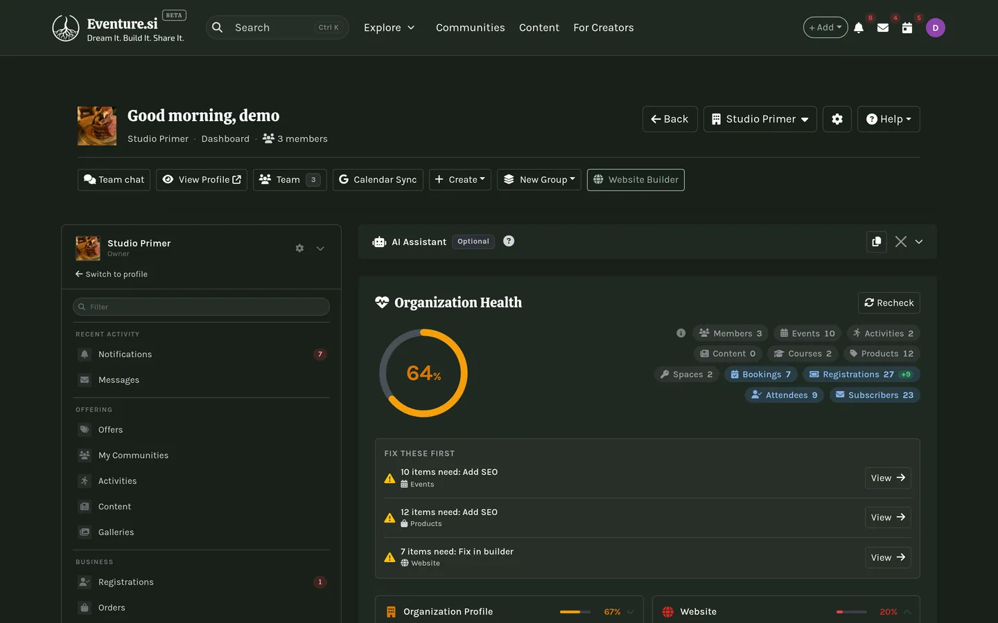 The organization dashboard: health check, charts, Upcoming Events, and Quick Actions.