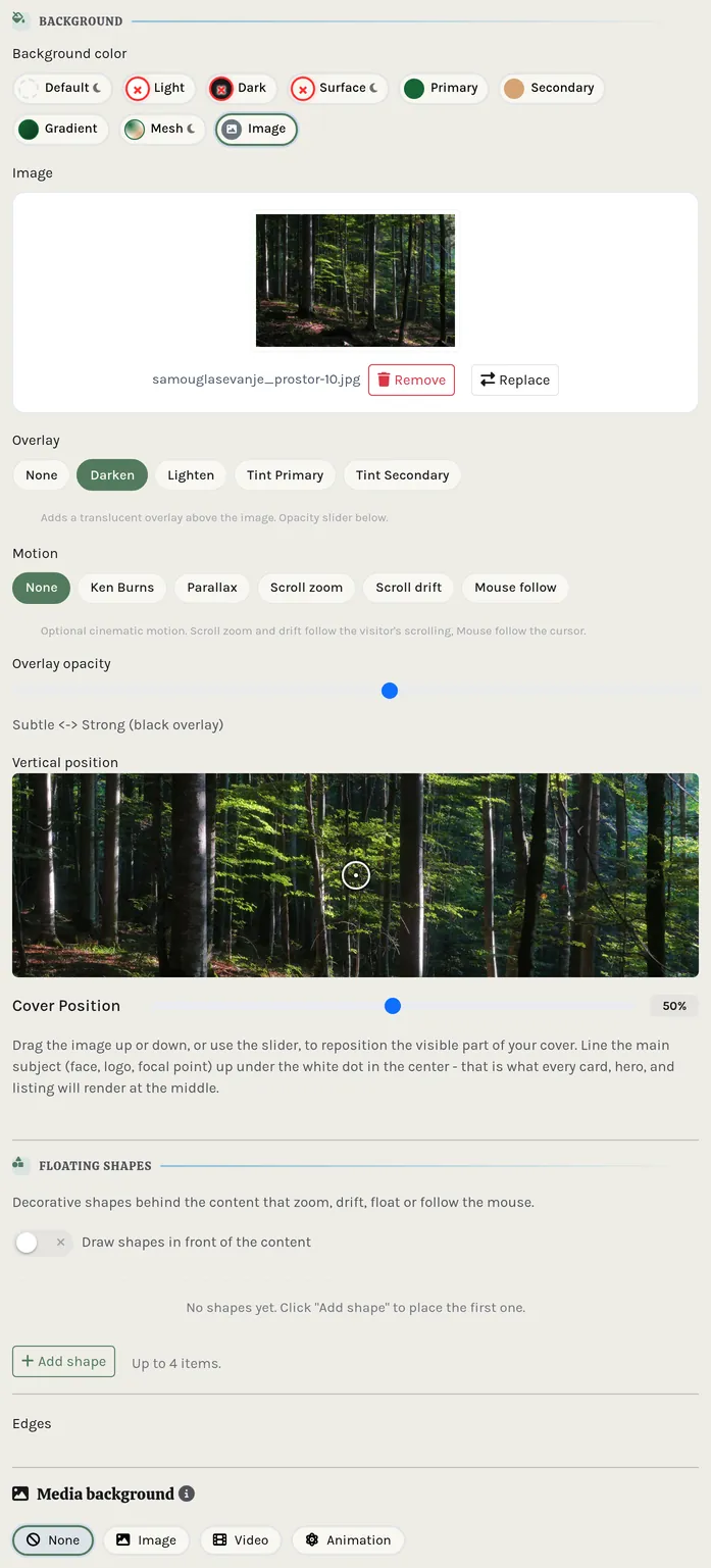 The background controls shared by every section.