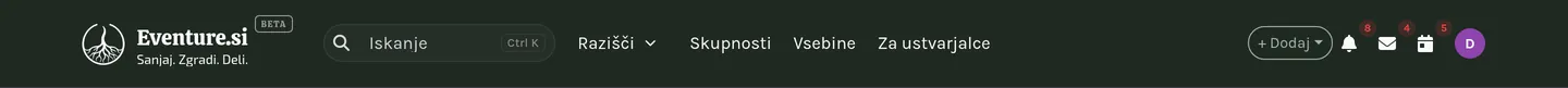 Zgornja vrstica: glavna navigacija levo, + Dodaj, iskanje, obvestila, sporočila in vaš avatar desno.