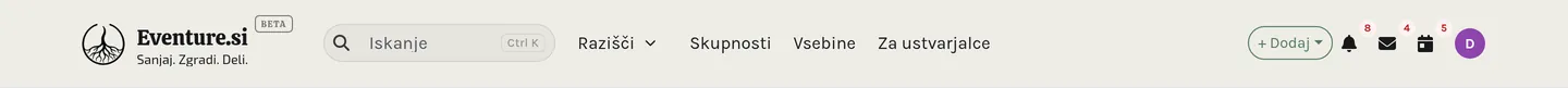 Zgornja vrstica: glavna navigacija levo, + Dodaj, iskanje, obvestila, sporočila in vaš avatar desno.