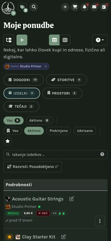 Ista stran razdelka Moje na telefonu: stranska vrstica strnjena v predal.